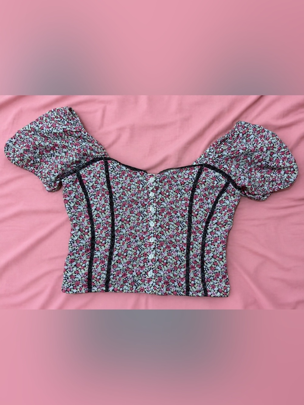 PINK Victoria's Secret Floral Puff-Sleeve Corset Top
